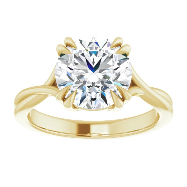 Twisted solitaire lab diamond engagement ring set in 18k yellow gold featuring a round cut stone with matching band