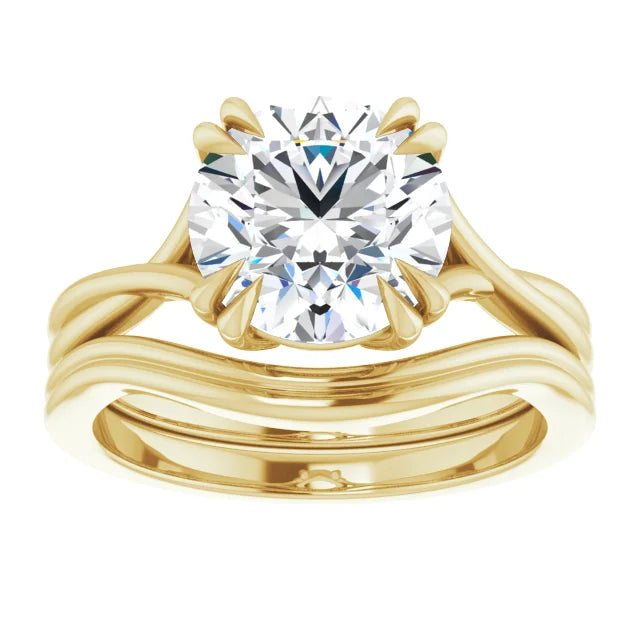 2.0ct Round Brilliant Cut Twisted solitaire lab diamond engagement ring set in 18k yellow gold featuring a round cut stone with matching band