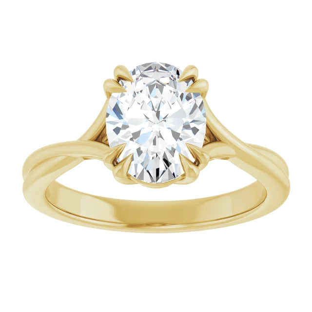oval cut lab diamond double prong split shank engagement ring 18k yellow gold