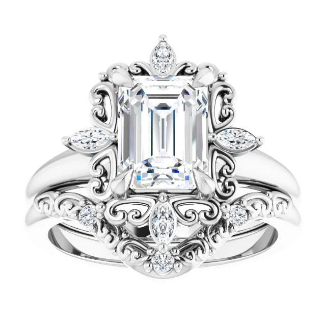 emerald cut vintage inspired wedding ring set, bridal ring set, women's affordable diamond engagement rings