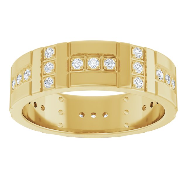 Accented men’s diamond wedding band in 18K yellow gold with round brilliant diamonds – luxury men’s engagement ring