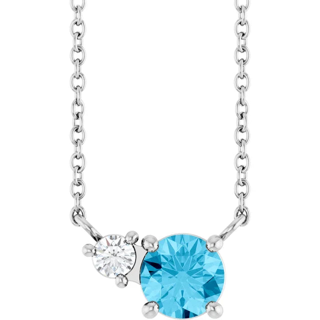 Two stone diamond aquamarine 14k white gold necklace something blue wedding bridal jewelry