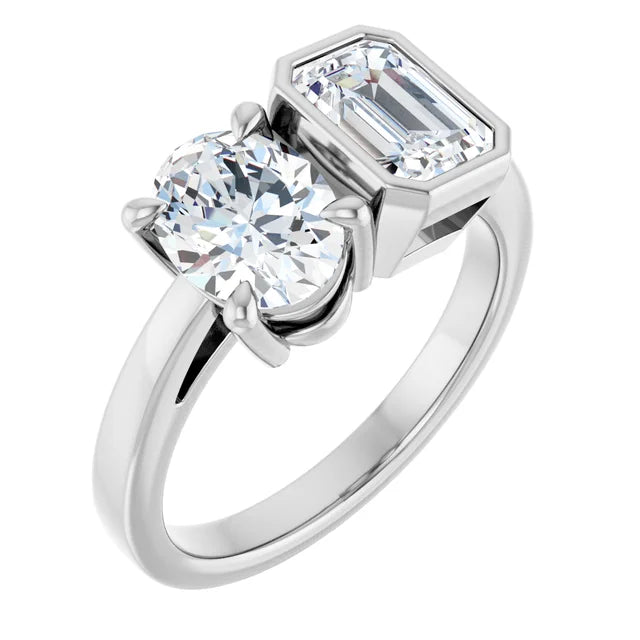 oval cut emerald cut two stone engagement ring white gold