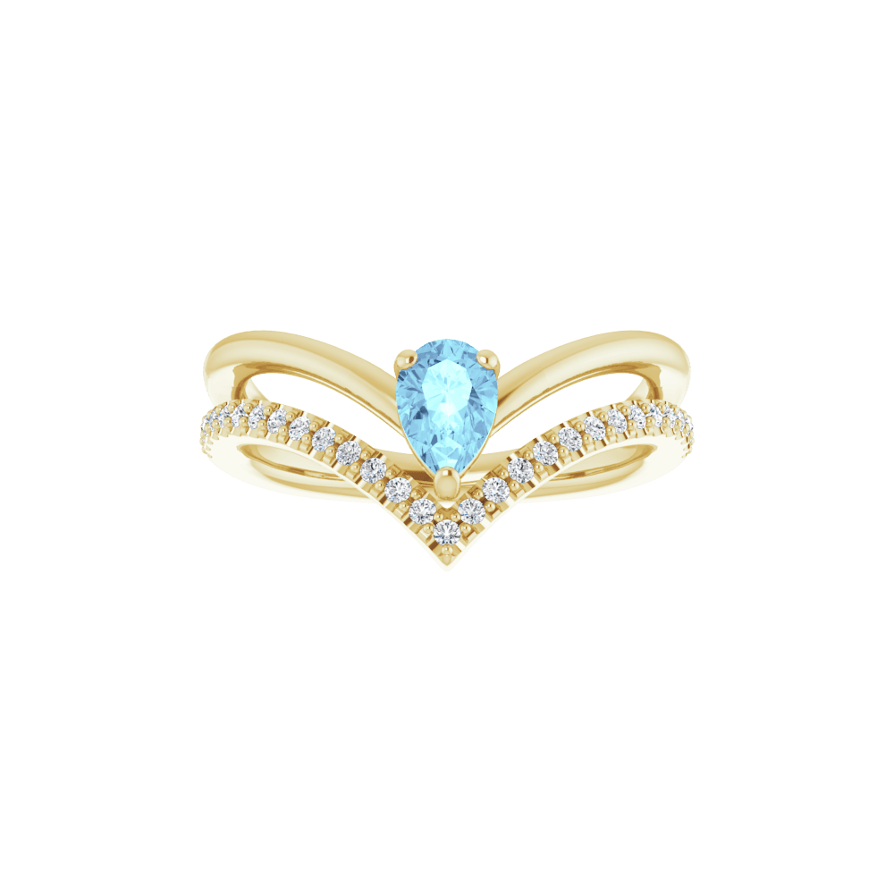 A pear-shaped aquamarine and diamond chevron ring set in 14K yellow gold.