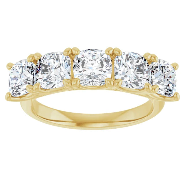 Cushion cut five-stone lab diamond wedding band stackable ring in 18k yellow gold, front view