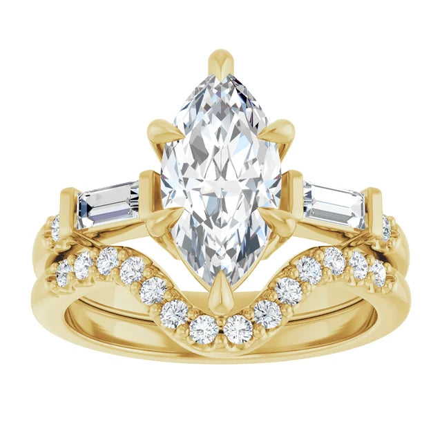 Marquise cut lab diamond engagement ring set in yellow gold with baguette side stones and curved pavé diamond wedding band