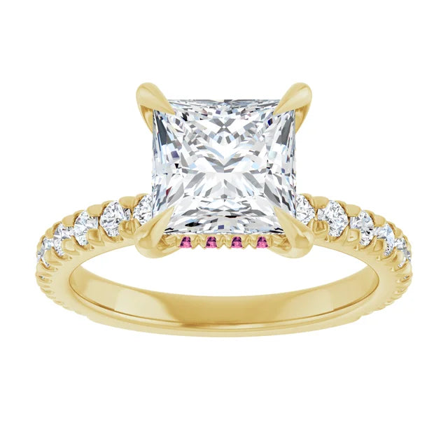 Princess Cut Lab Diamond Engagement Ring Pink Tourmaline Hidden Halo