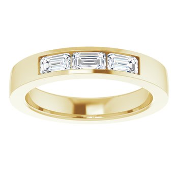 Men’s wedding band with three emerald cut lab-grown diamonds in a channel setting 18k yellow gold