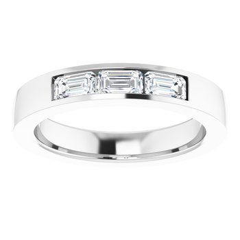 Men’s white gold wedding band with three emerald cut lab-grown diamonds in a channel setting