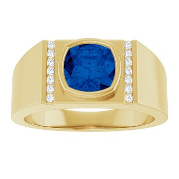 Men’s 14K yellow gold ring with cushion-cut lab-created blue sapphire and vertical diamond accents – Ring Deluxe Jewelry