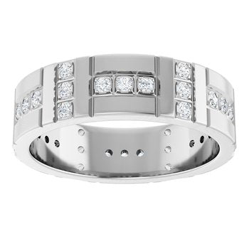 Accented men’s diamond wedding band in 18K white gold with round brilliant diamonds – luxury men’s engagement ring