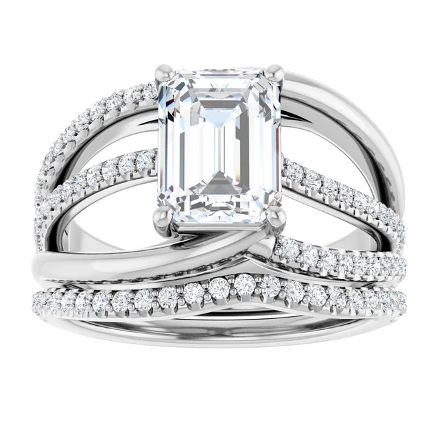 emerald cut moissanite lab diamond wedding bridal engagement ring set 18k white gold platinum