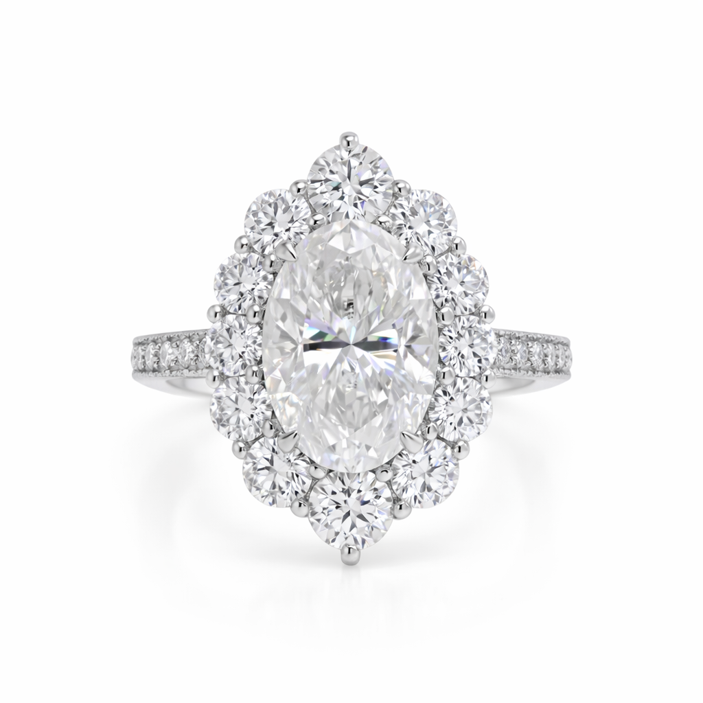 Diamond ring with a oval-shaped center stone on a white background