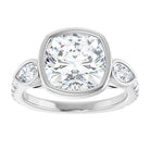cushion cut lab diamond bezel set engagement ring three stone engagement ring white gold
