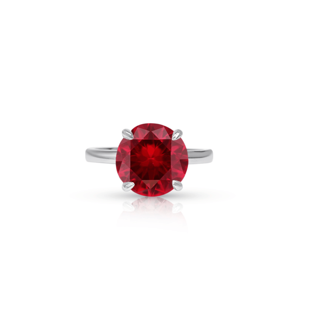 Lab-Grown Emerald-Cut Ruby and Half Moon Diamond Three Stone Ring