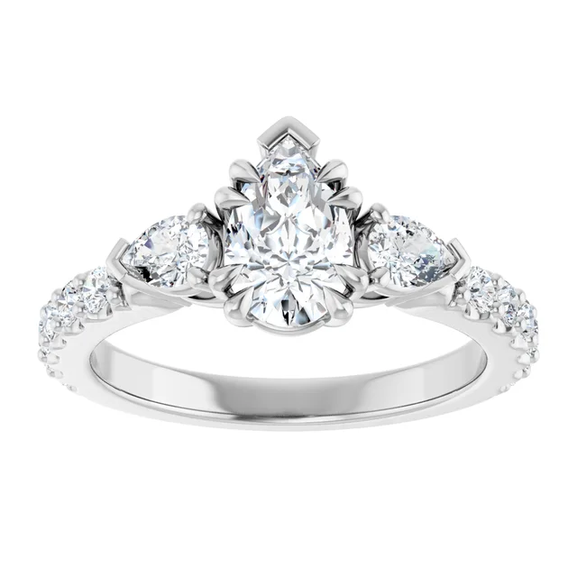 three stone pear cut engagement ring with accent stones 14k white gold
