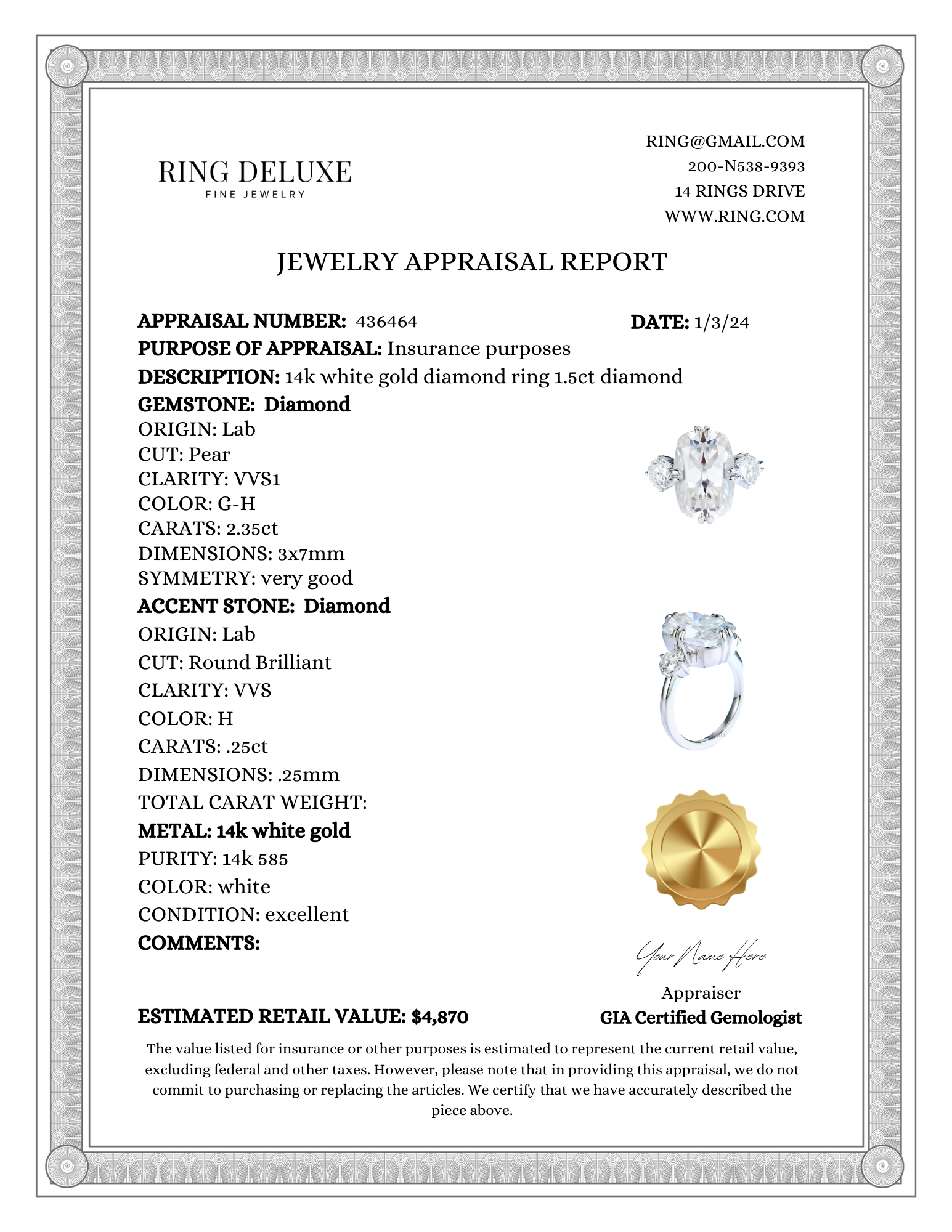 jewelry appraisal template