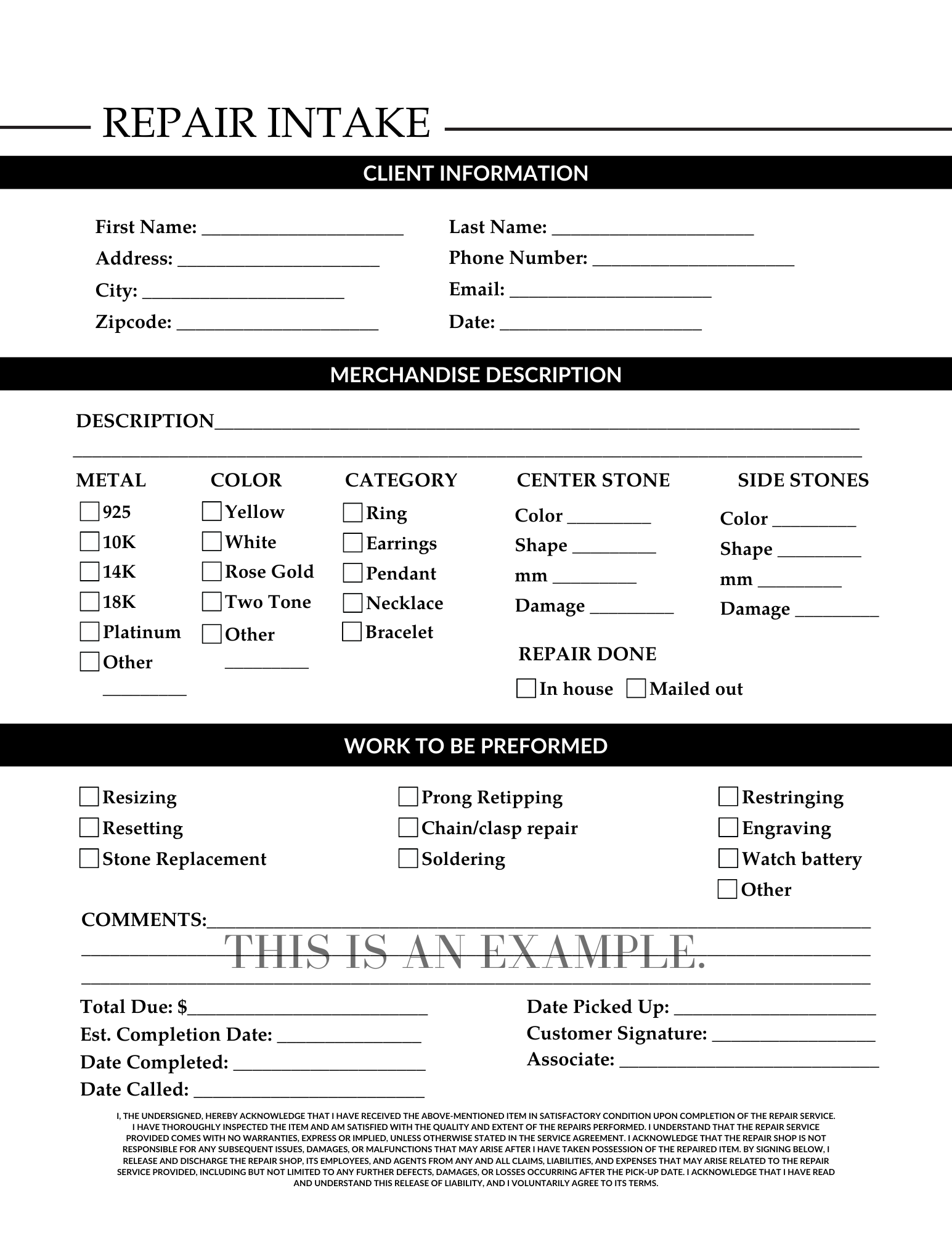 jewelry store repair intake form pdf 